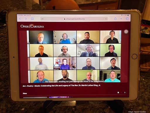 Opera Carolina showing 16 opera singers performing on their on-demand, virtual performance platform.